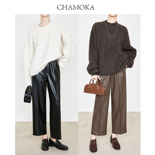 显瘦环保皮咖色九分裤 夏莫卡 软糯PU皮直筒裤 女 6630 美拉德皮裤