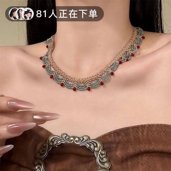 【楼兰少女】多层蕾丝红蓝撞色串珠项链复古新中式颈链