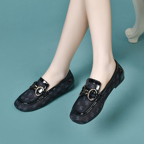 春夏鞋子新款时尚百搭圆头网纱拼接平底单鞋夏季软底女士皮鞋SY