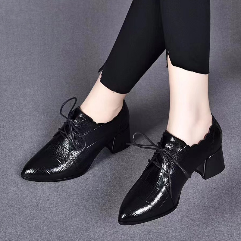 秋季新款牛皮粗跟尖头系带单鞋女士工作鞋深口舒适百搭,女鞋,深口单鞋,淘宝优惠券,粉丝福利购,淘宝优惠卷