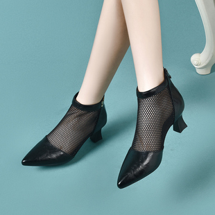凉鞋女款鞋子时尚百搭尖头高跟网纱单鞋夏季气质真皮软底女士皮鞋