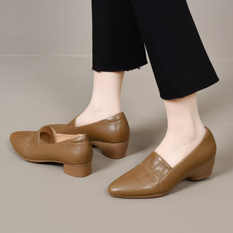 牛皮百搭休闲春秋单鞋女士真皮软底时尚皮鞋低跟尖头夏季女鞋浅口