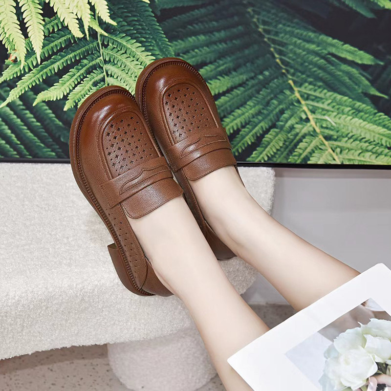 乐福鞋女夏季镂空单鞋真皮时尚休闲平底圆头小皮鞋透气软底女士鞋