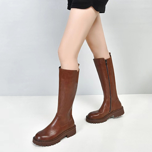 长筒靴女单靴加绒保暖冬季牛皮粗跟圆头平底靴子厚底不过膝女鞋