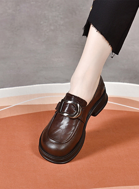 春秋季鞋子新款时尚百搭圆头金属扣粗跟深口单鞋乐福鞋女单皮鞋SY