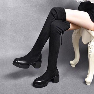 真皮袜子弹力靴软皮秋冬新款圆头粗跟高筒中筒低筒显瘦过膝靴女