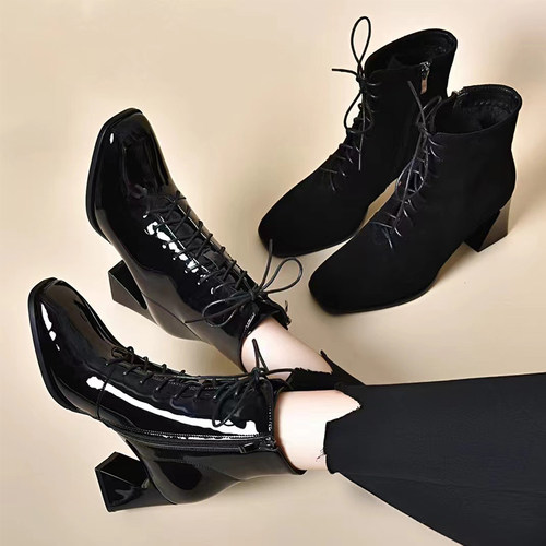 马丁靴加绒橡胶大底牛皮羊绒