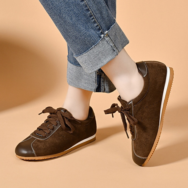 软皮德训鞋平底黑色气质鞋子女秋冬季新款圆头系带软底复古百搭鞋