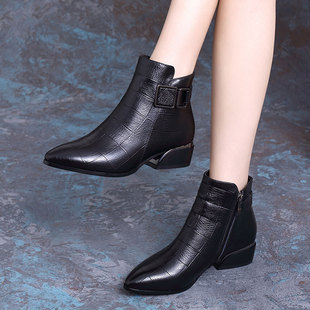 头层牛皮真皮短靴女靴子压花格新款 加绒加厚马丁靴 单靴粗跟秋冬季