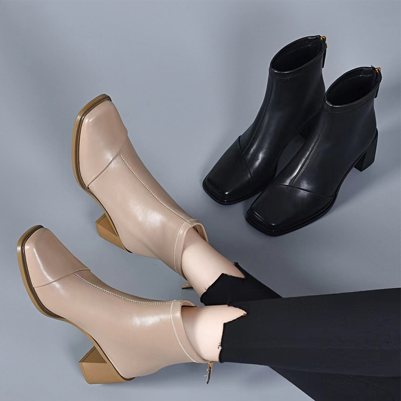 真皮软底加厚女鞋子加绒保暖棉鞋马丁靴粗跟全牛皮后拉链女士短靴