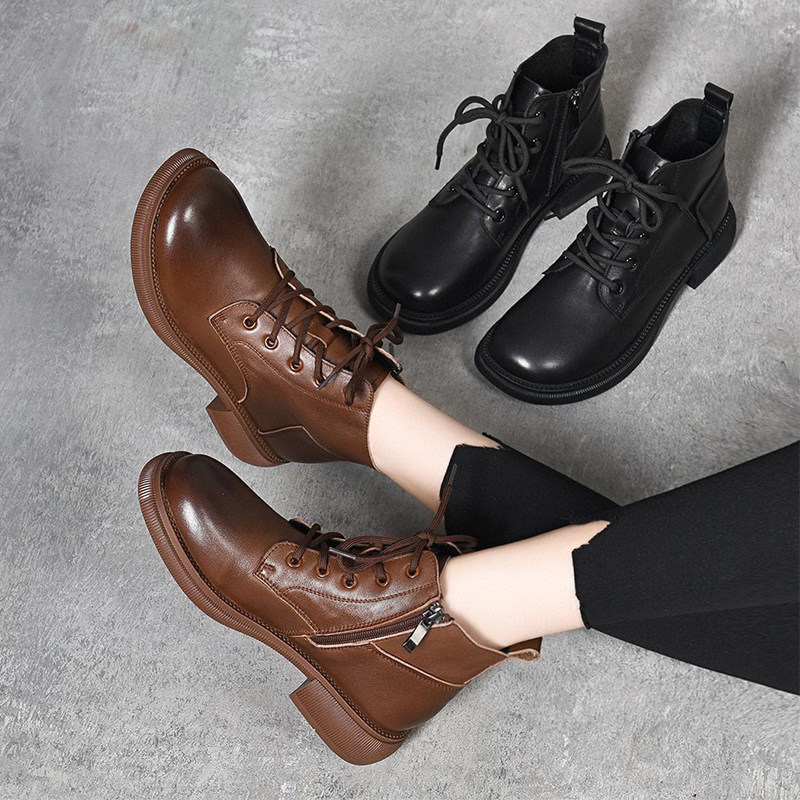 真皮短靴女鞋子单靴加绒保暖棉鞋加厚马丁靴秋冬季百搭女士靴子