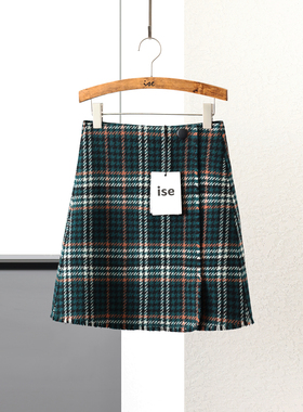 ise三标齐全羊毛小香风时尚减龄显瘦须须边格子针织半裙P1940505