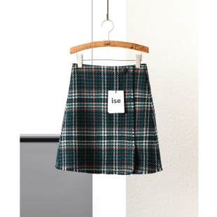 ise三标齐全羊毛小香风时尚减龄显瘦须须边格子针织半裙P1940505