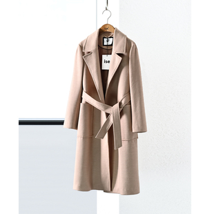 ise正品时尚气质羊毛毛呢粉色西装领长款大衣外套P1740301-3689
