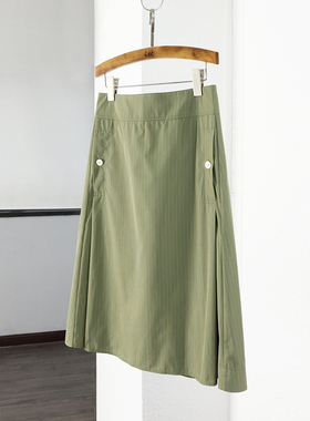 ise专柜正品 军绿色竖条纹半裙P1820503-1483