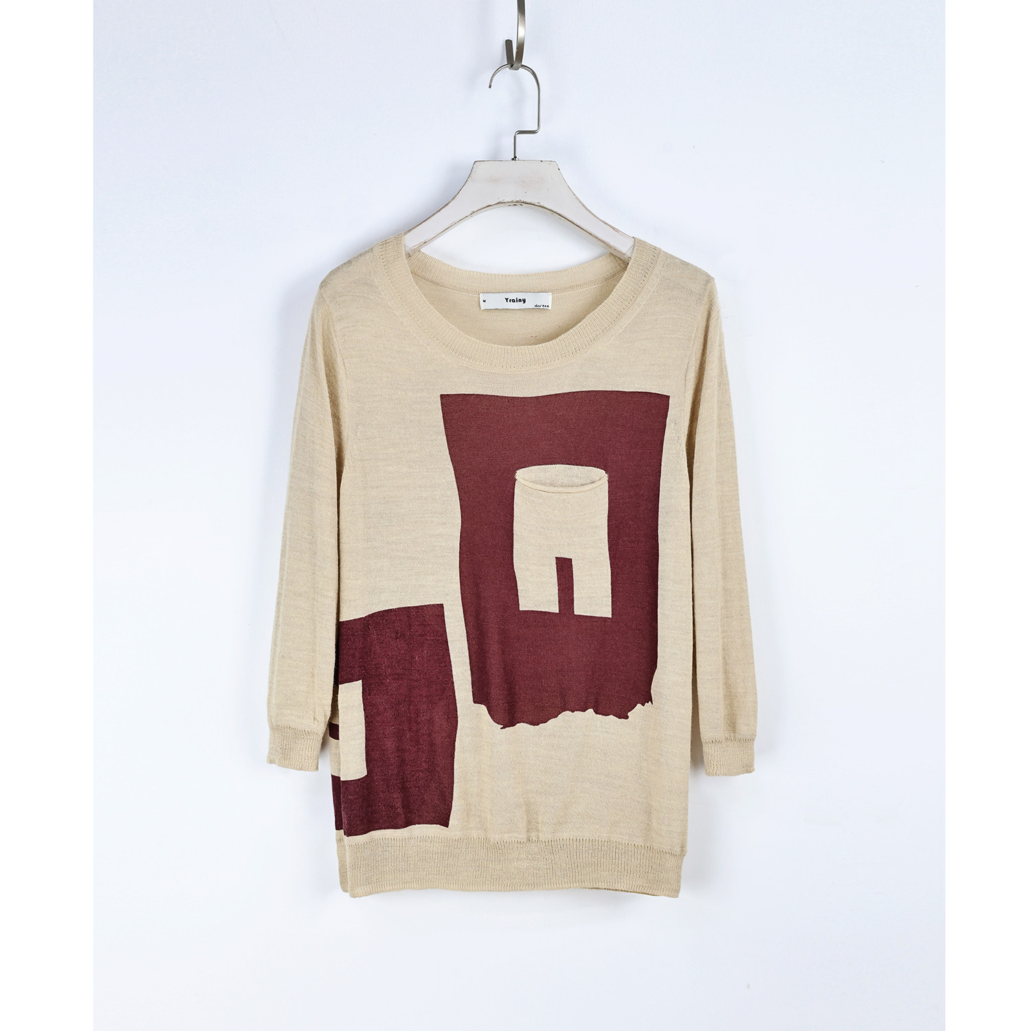 春夏休闲清爽透气百搭撞色印染船领长袖羊毛针织套头T恤衫女