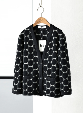 ise专柜品牌 少量清仓黑色波点羊毛毛呢V领开衫外套D2210212-1889