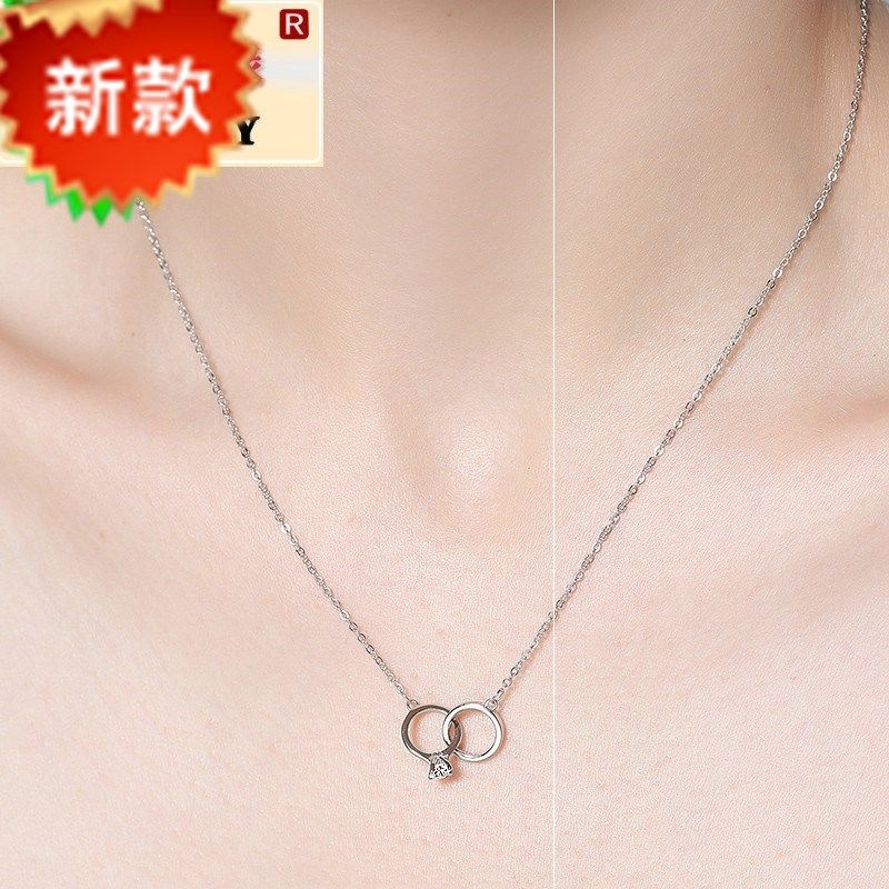 时尚新款上福925银牵手项链女表白戒指形链合成锆石吊坠日韩版简