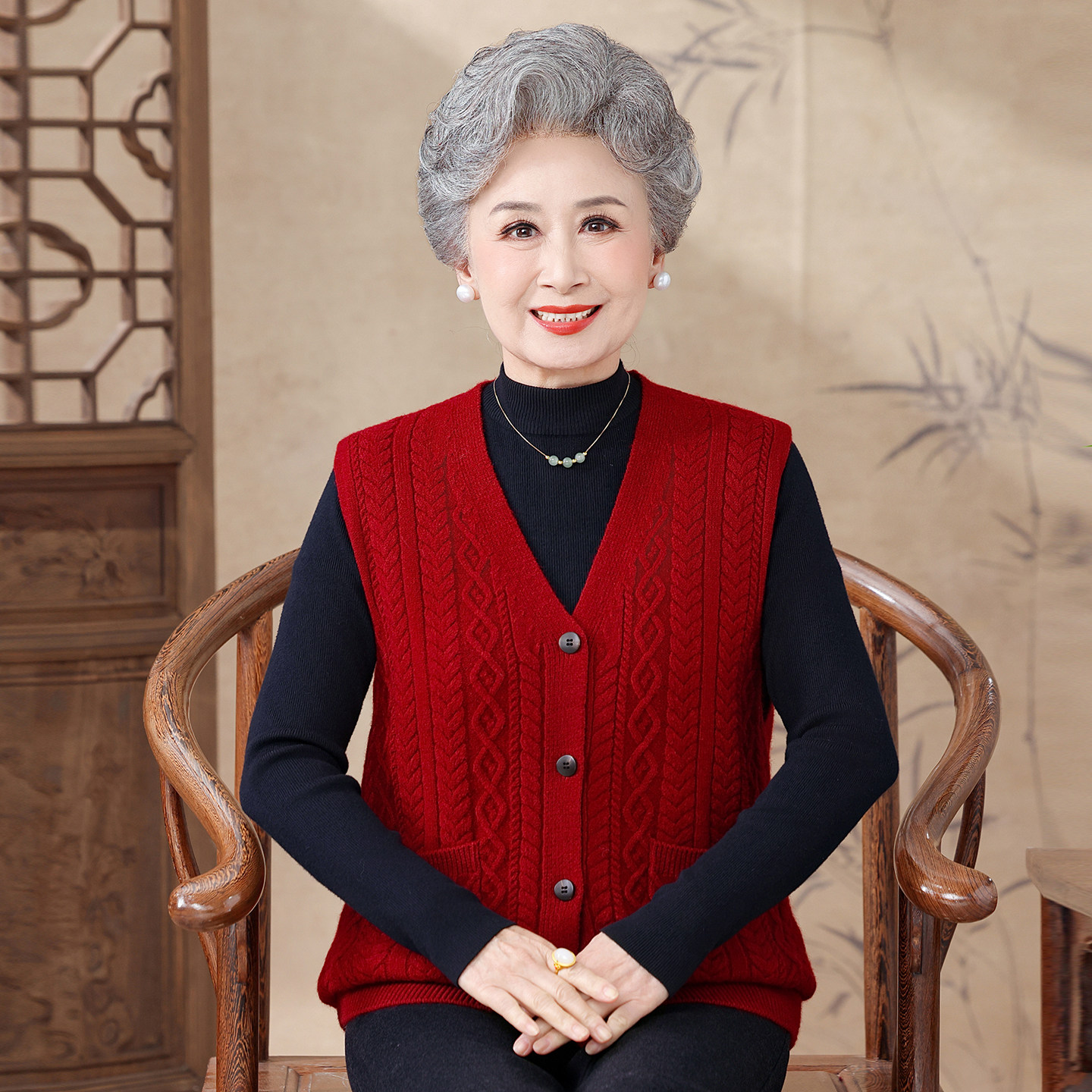 气质妈妈装红色针织马甲开衫女洋气背心外套麻花长袖中老年女装