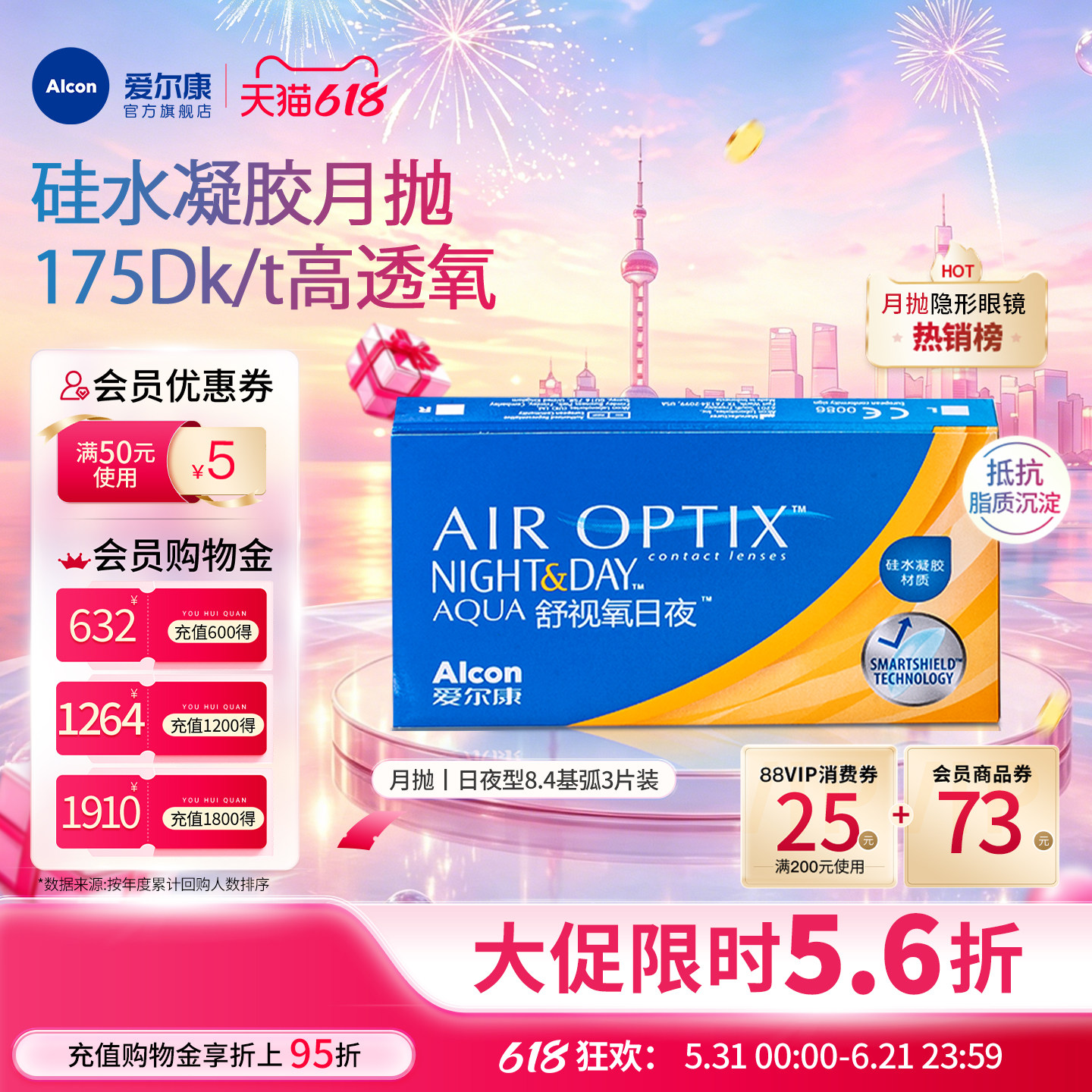 爱尔康舒视氧日夜型8.4硅水凝胶月抛3片医疗绷带近视隐形眼镜透氧