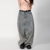 RHOMEHOUSE ins街头慵懒女宽松阔腿直筒弯刀破洞水洗棉牛仔长裤
