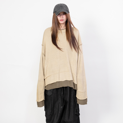 RHOMEHOUSE 韩街头ins风同款做旧拼接撞色圆领韩版毛衣针织外套