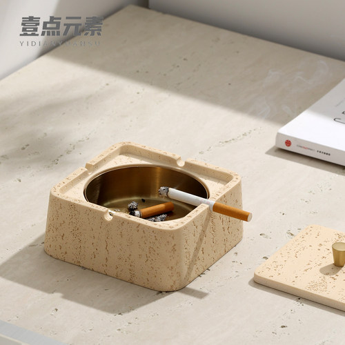 洞石烟灰缸防灰飞带盖高档