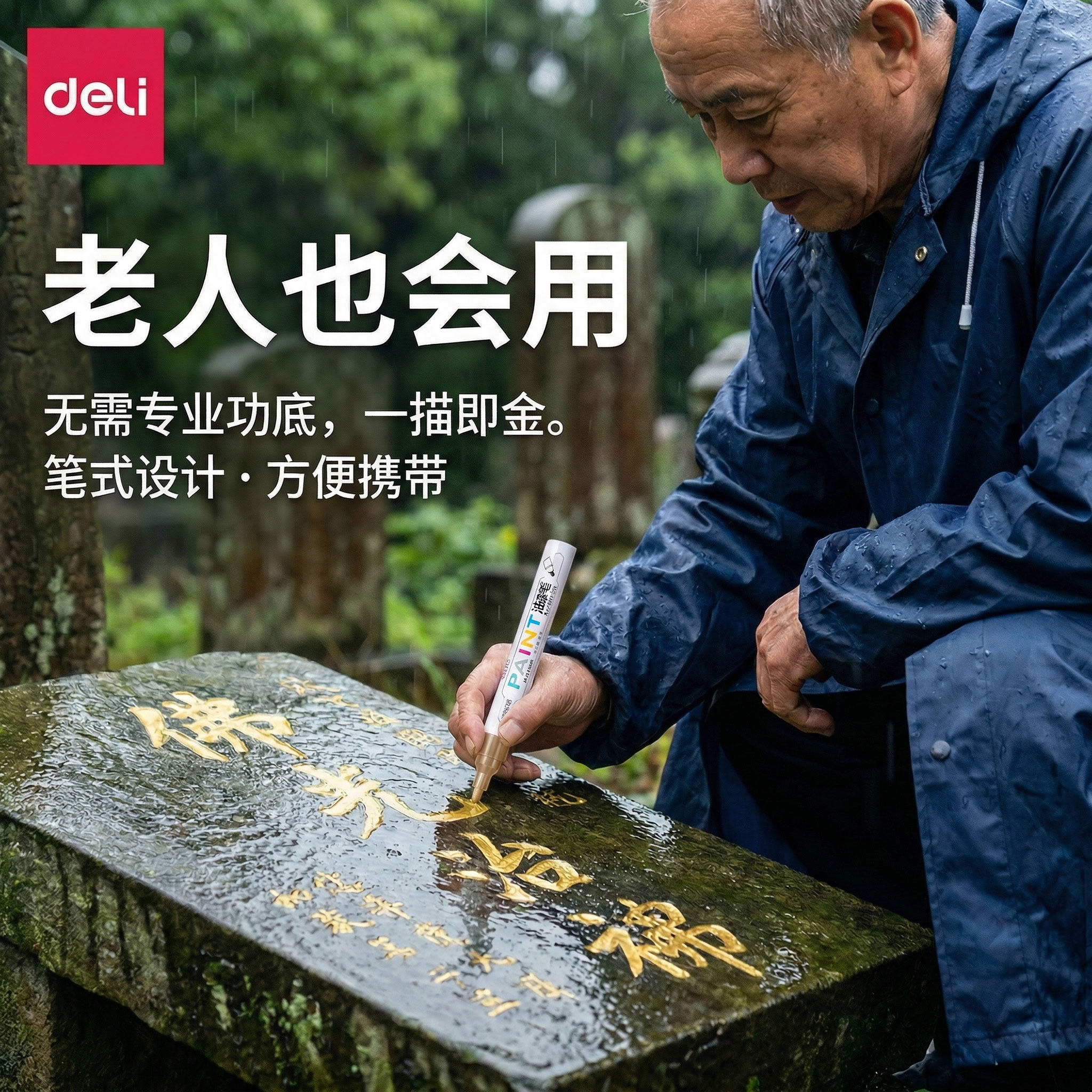 得力补漆笔描字笔清明节专用扫墓上坟修补碑文描碑笔金漆笔绿黑红色防