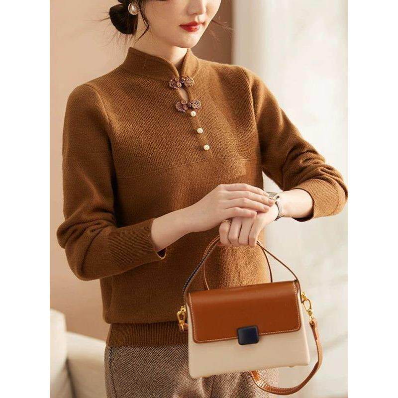 妈妈毛衣加绒加厚旗袍领打底衫洋气中老年人秋冬季保暖国风针织衫