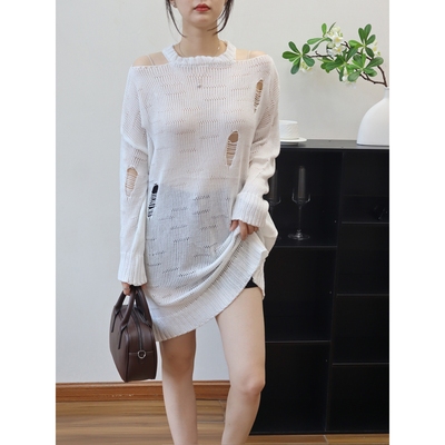 中长款辣妹风露肩薄款针织衫上衣2025早秋新款破洞宽松罩衫套头女