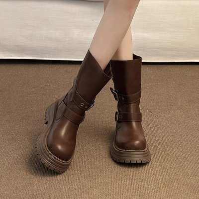 复古英伦风马丁靴女2025秋季新款粗跟厚底中筒单靴皮带扣机车靴女