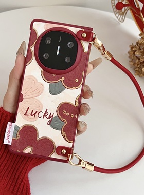 油画花朵手提挂绳适用华为mateX7红色手机壳折叠屏新款可爱x6典藏版全包防摔保护套x5女款百搭新款高级感外壳