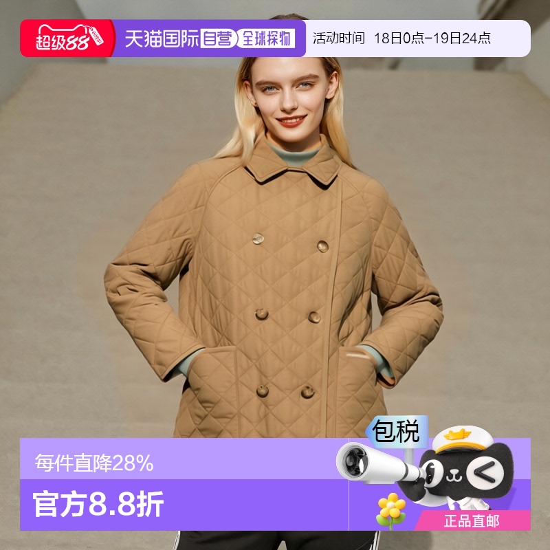 欧洲直邮BURBERRY博柏利女士棕色聚酯制Logo标贴翻领双排扣棉服