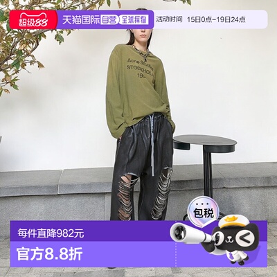 欧洲直邮Acne Studios  FW25男女通用橄榄绿棉/麻印花长袖上衣T恤