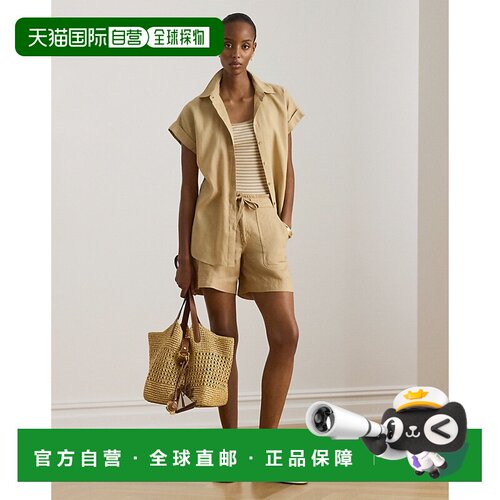 自营欧洲直邮Ralph Lauren拉夫劳伦 女士沙色亚麻抽绳阔腿短裤