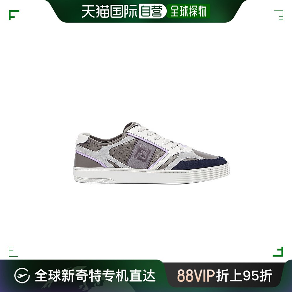 欧洲直邮fendi/芬迪23新款 男灰紫色牛皮革ff刺绣低帮休闲运动鞋