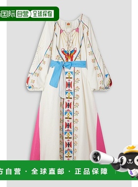 1h可退 香港直邮FARM RIO 女士 串珠精饰刺绣亚麻混纺府绸长款连