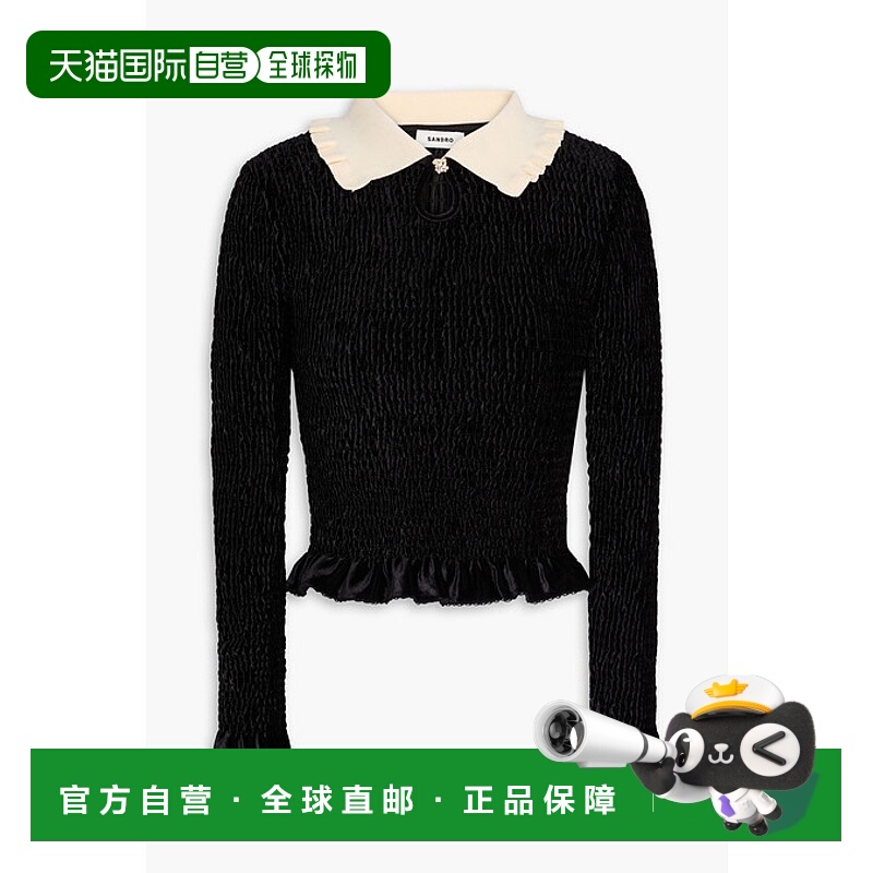 1h可退 香港直邮Sandro 女士 two-tone 水晶装饰天鹅绒上衣 SFPTS