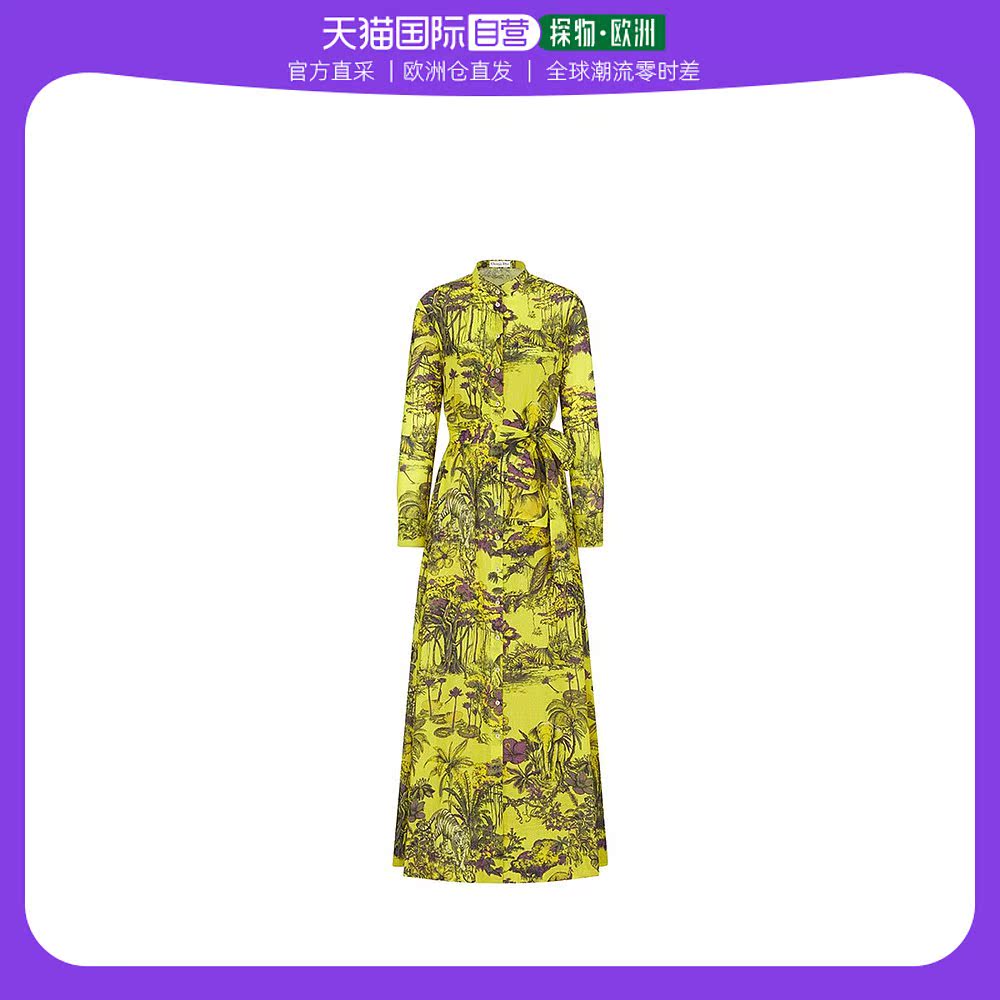 欧洲直邮DIOR/迪奥23新款 女黄色印花棉质腰带和排扣衬衫长连衣裙