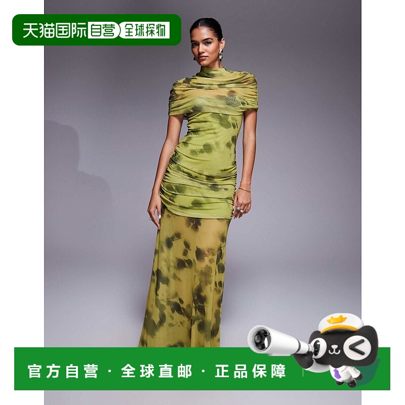 1h可退 香港直邮ASOS 女士 dress 设计印花网纱高领表面长款透视
