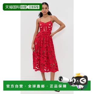 1h可退 香港直邮Self-Portrait 女士 红色蝴蝶结刺绣中长连衣裙