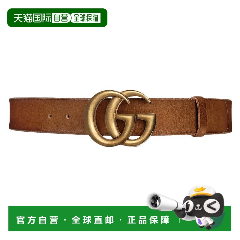 自营 GUCCI古驰男女4cm皮革双G铜扣宽版腰带棕色