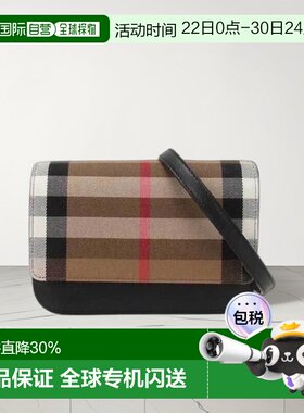 自营欧洲直邮Burberry博柏利女包黑色皮革格纹翻盖磁扣开合单肩包