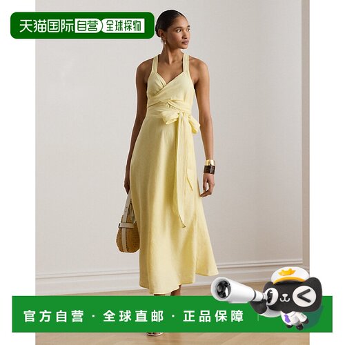 自营欧洲直邮Ralph Lauren拉夫劳伦 女士黄/白色系带条纹中长连衣