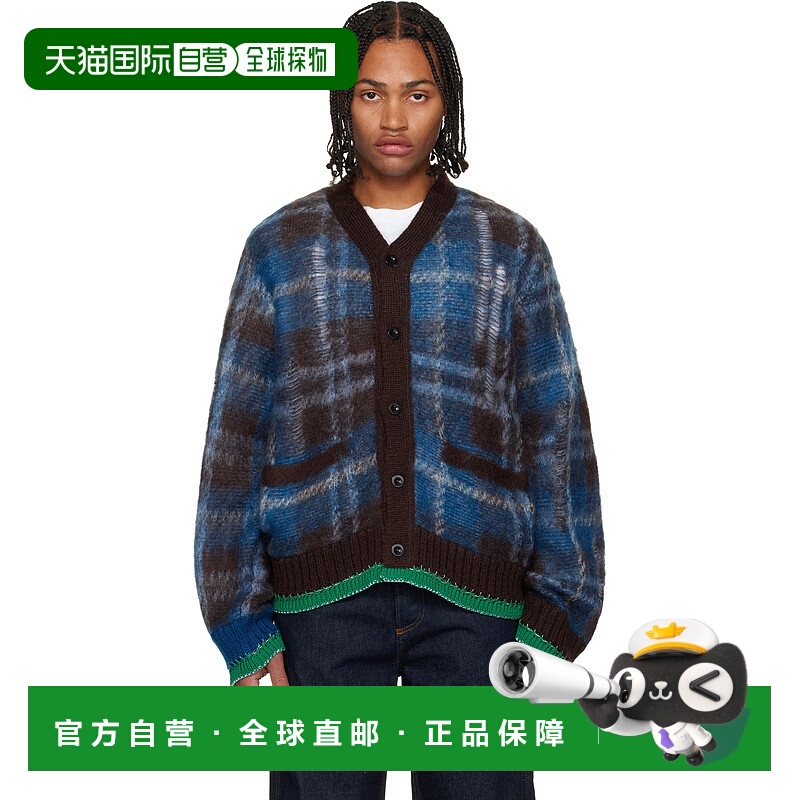 1h可退 香港直邮Sacai 男士 蓝色 & 棕色 Plaid Mohair Knit 开衫