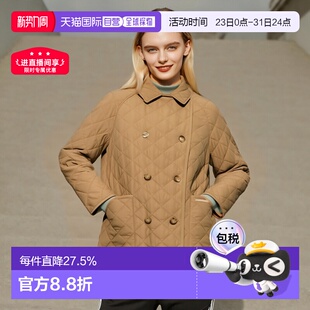 欧洲直邮BURBERRY博柏利女士棕色Logo标贴翻领双排扣棉服 自营