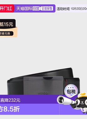 自营欧洲直邮Hugo Boss 男士黑色小牛皮刻字徽标腰带3cm情人节礼