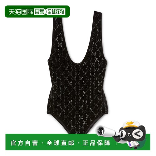 自营欧洲直邮GUCCI古驰 女士黑色粘胶纤维GG水晶连体衣泳衣女装