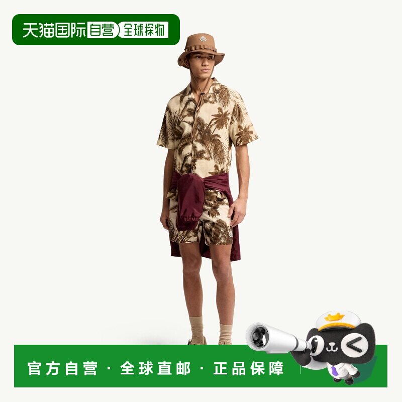 自营欧洲直邮MONCLER盟可睐 男士米色/绿色棉麻混纺短袖衬衫男装
