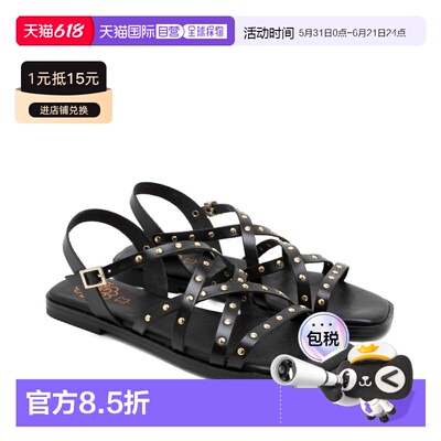 欧洲直邮PORRONET西班牙手工真皮铆钉绑带平底凉鞋BLAIR黑色女轻